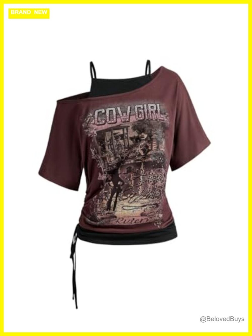 Off The Shoulder Graphic Tee Short Sleeve 2-in-1 Drawstring Top